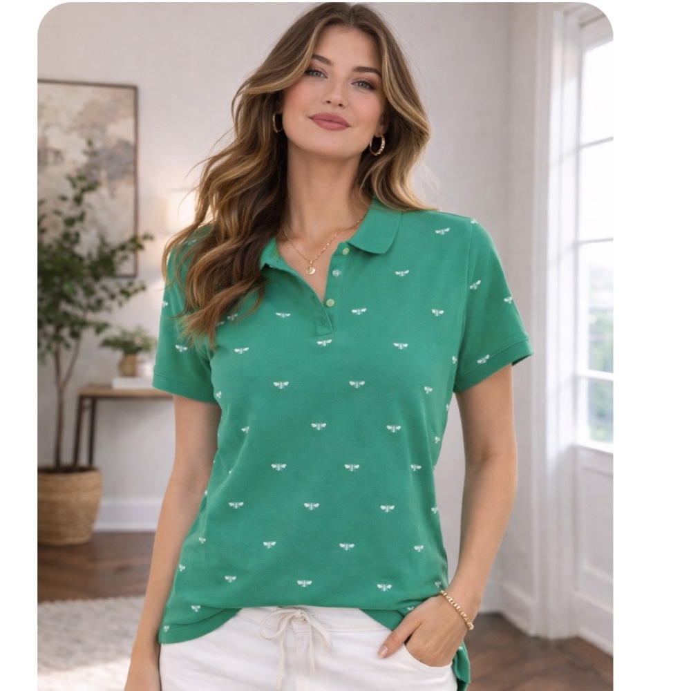 LANDS END  Bumblebee Green & White  Polo Shirt Short Sleeve Tee L NWOT